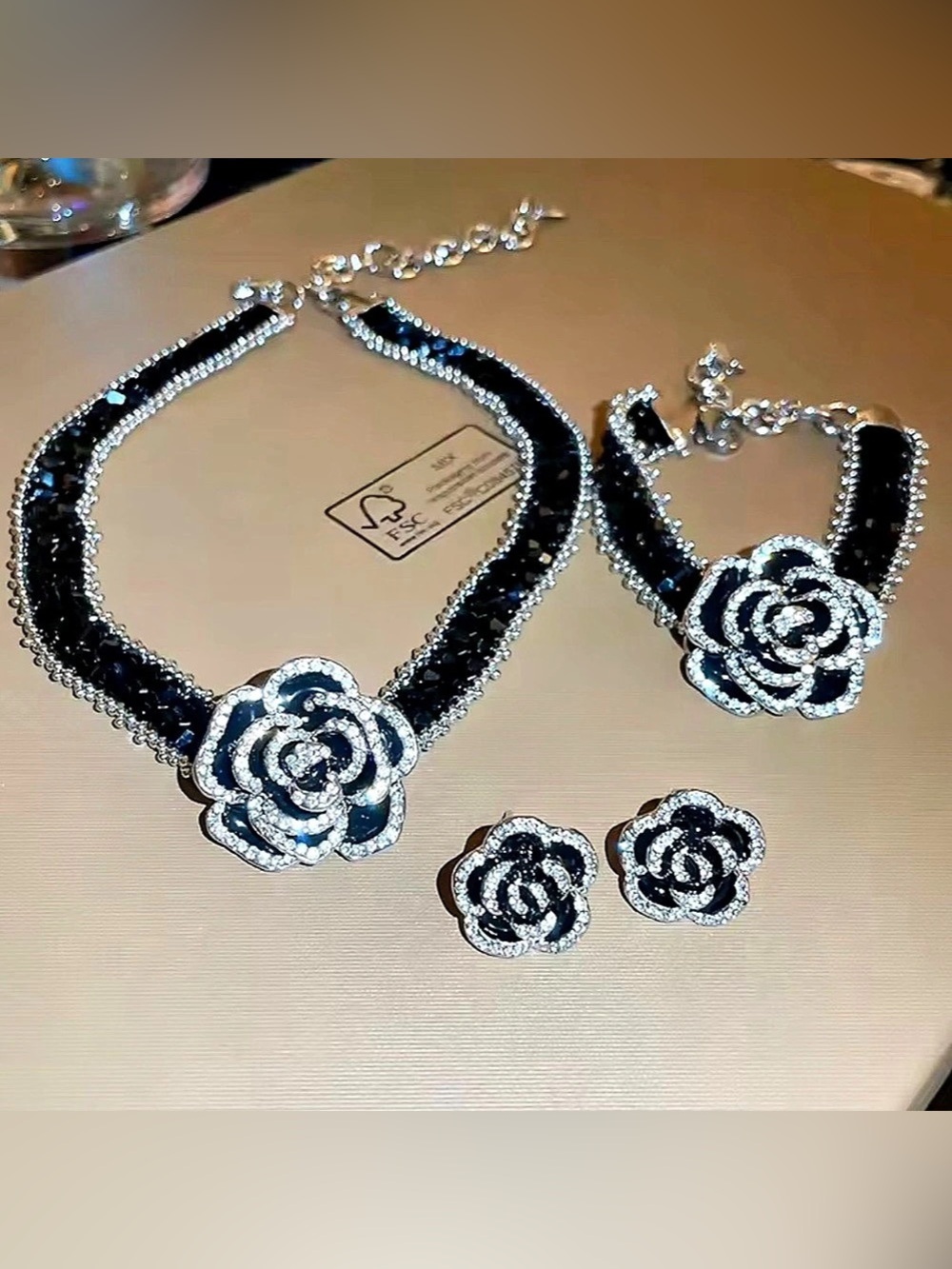 Black & Silver Floral Rhinestone Jewelry Set